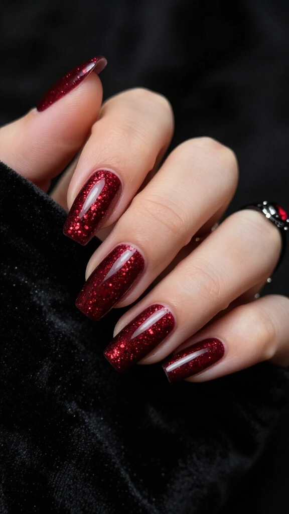 Oxblood Micro-Glitter Coffin Nails