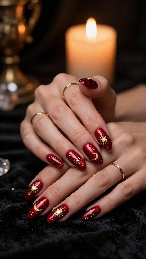 Crimson and Gold Celestial Tarot Nails