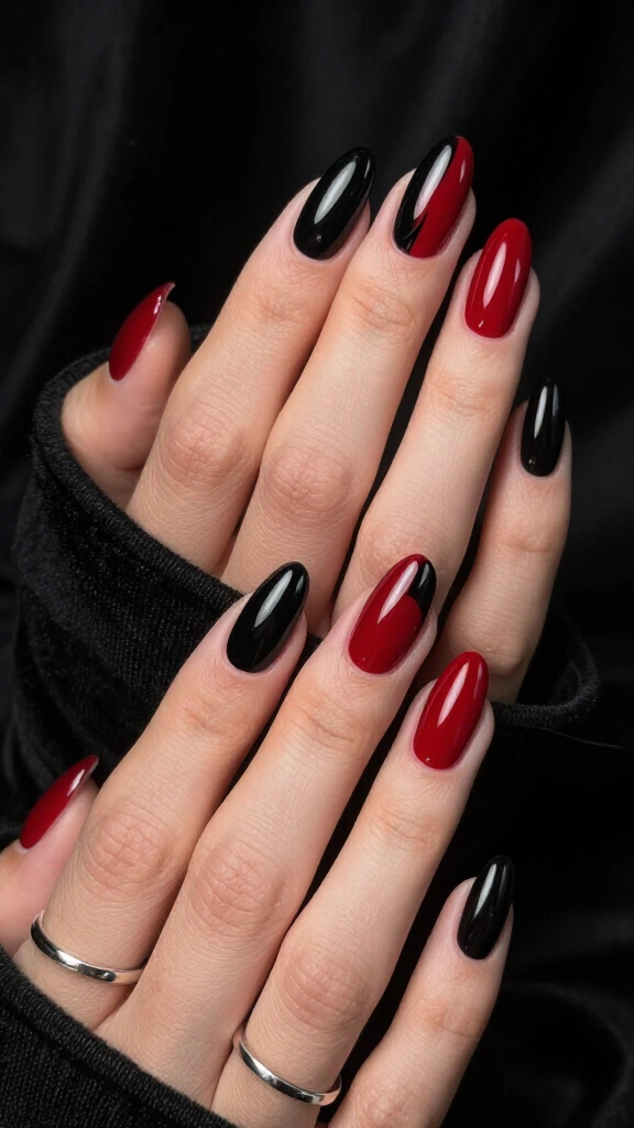 High-Contrast Red & Black Split Nails