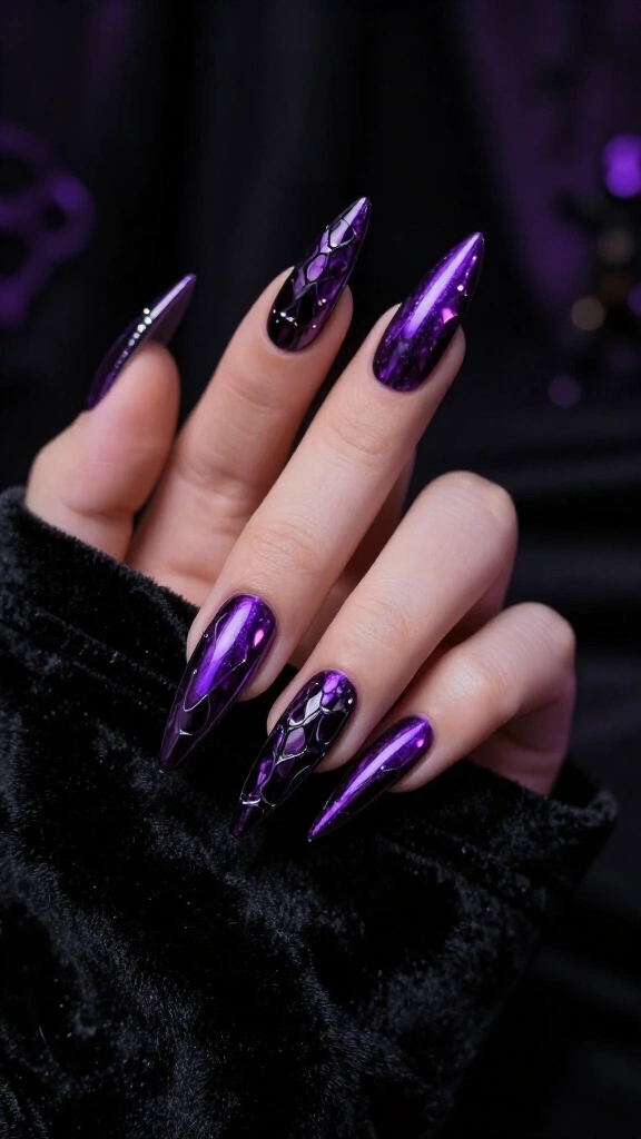 Gothic Purple Chrome Stiletto Nails