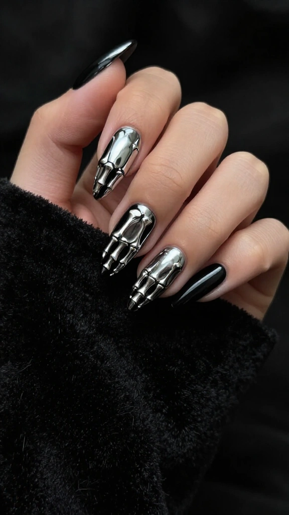 Jet Black Nails with Liquid Silver Chrome Bones