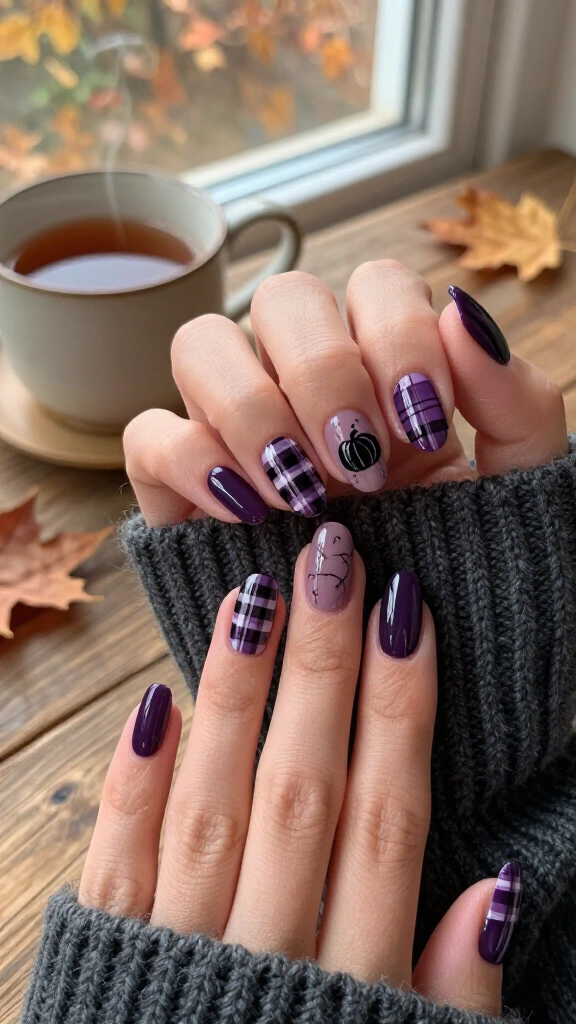 Moody Violet Plaid & Pumpkin Accents