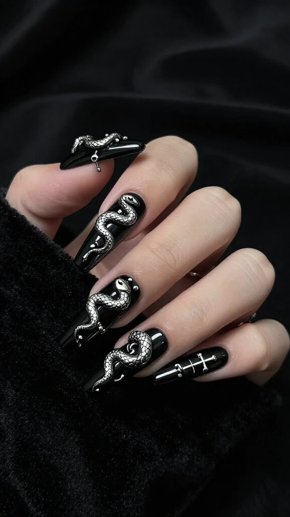 Coffin Nails with 3D Chrome Snake Charms