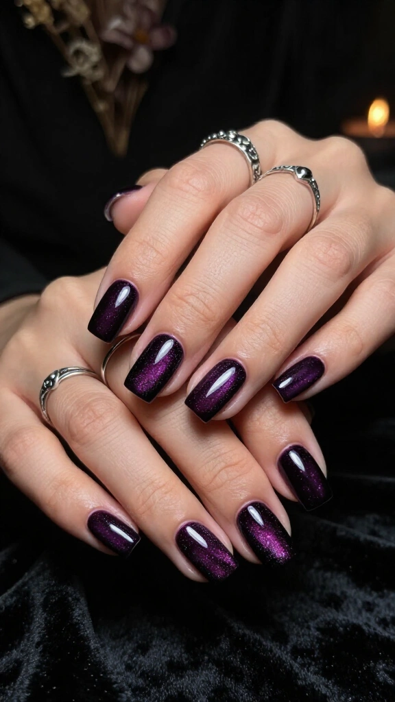 Velvet plum cat-eye square nails