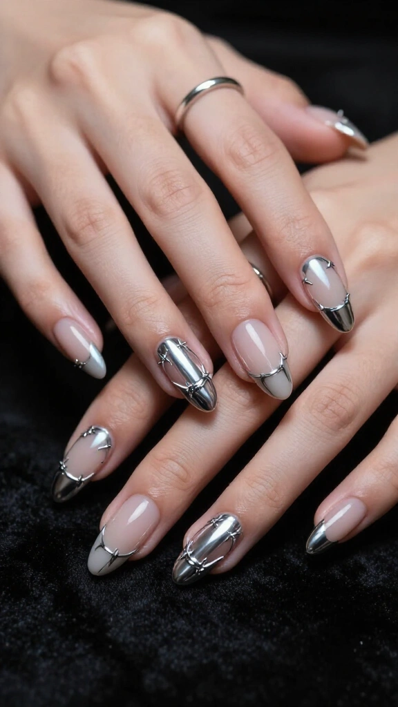 Barbed wire silver French tips
