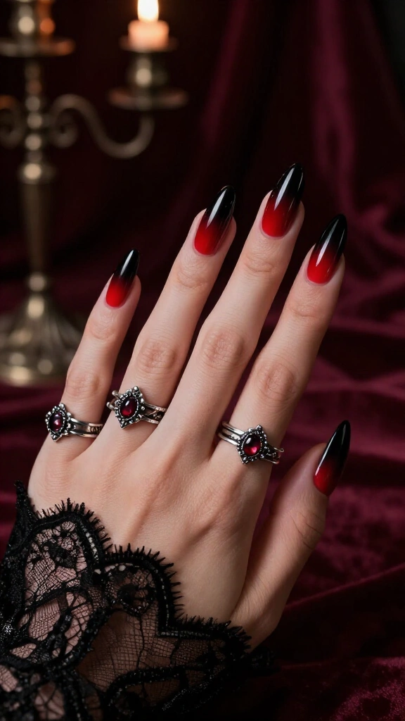 Crimson ombré vampire fangs