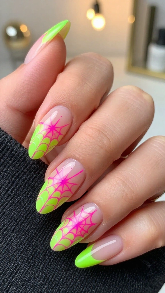 Neon Spiderwebs on Bare Nails
