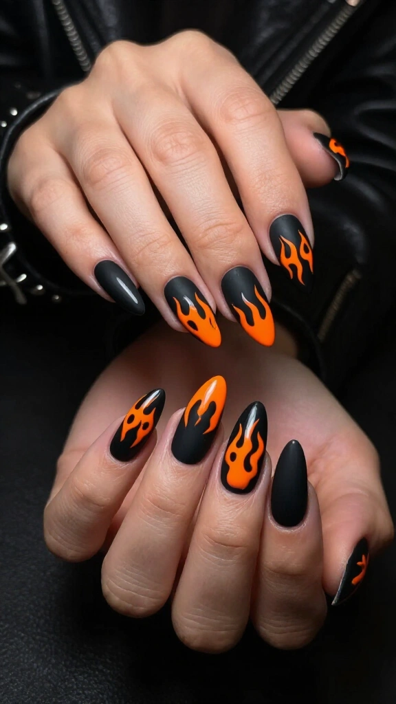 Matte Black Base with Glossy Orange Flame Art
