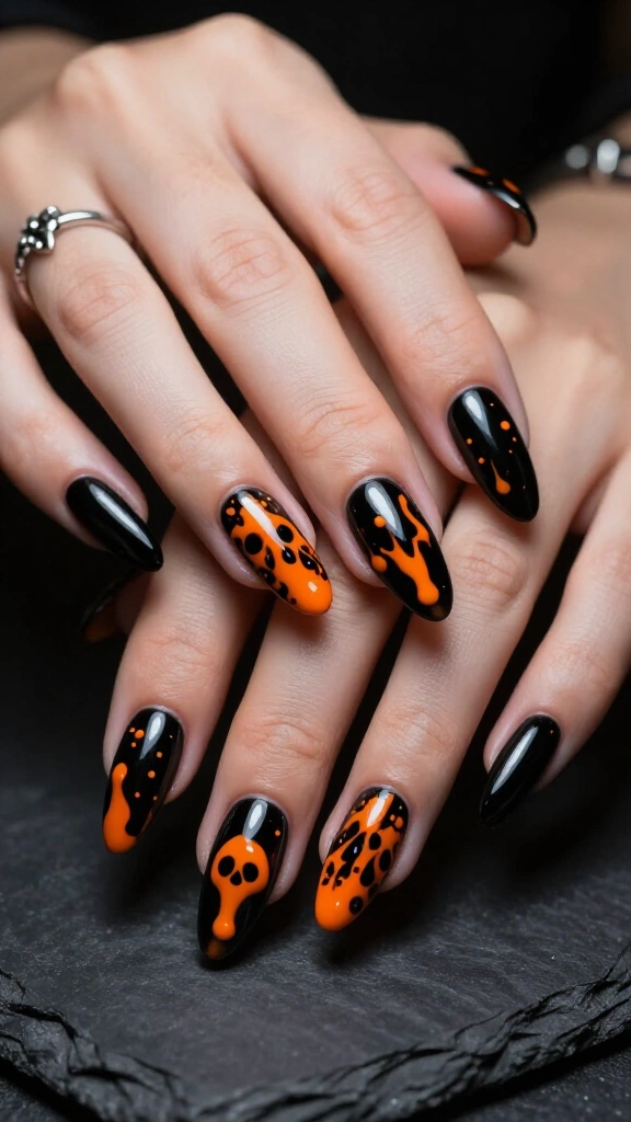 Slatter Drip Nails: Slime Orange on Pitch Black