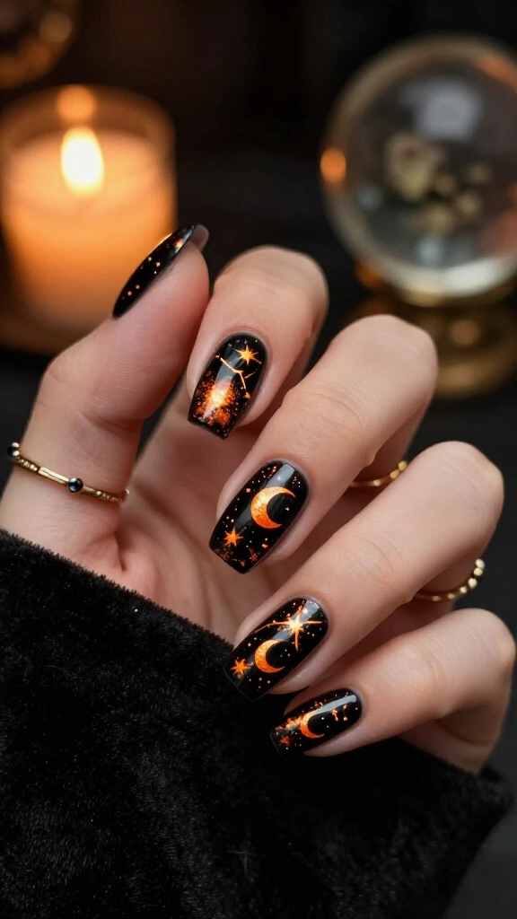Witchy Celestial Moons: Orange Foil on Onyx