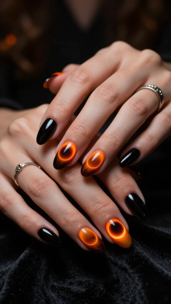 Ghostly Aura Nails in Scorched Orange and Shadow Black