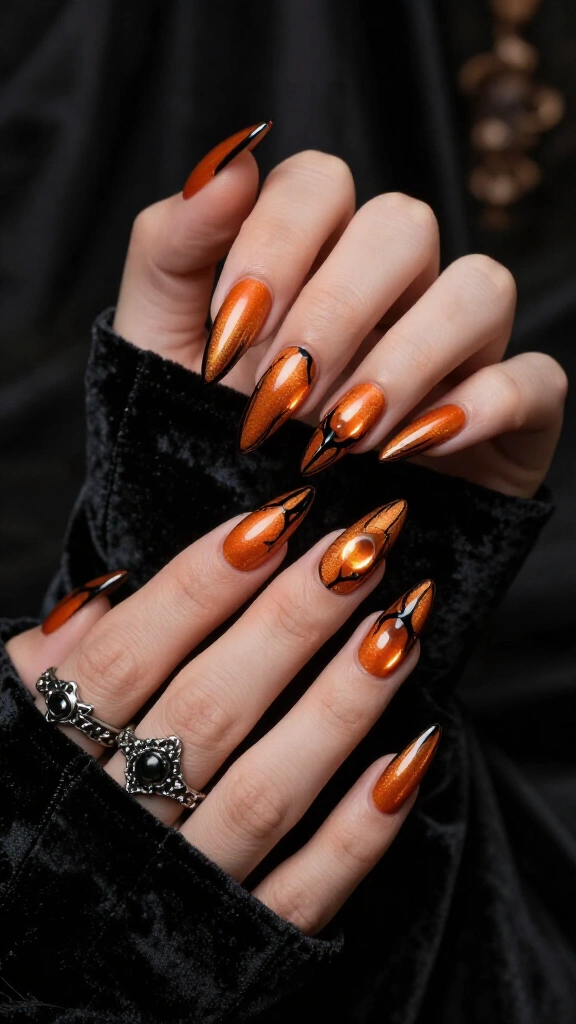 Cat Eye Velvet Pumpkin Polish with Black Stiletto Edges