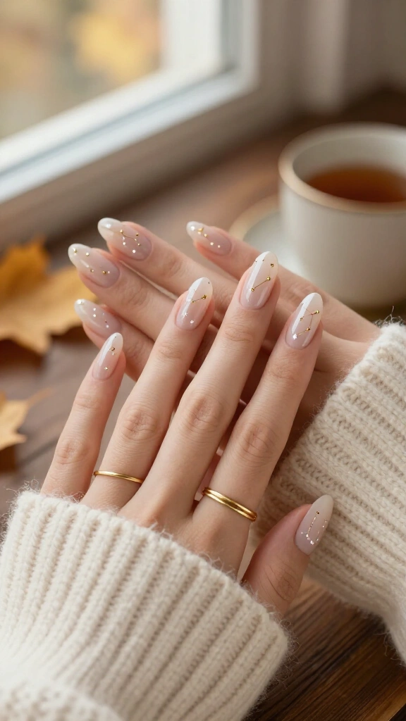 Fine-Line Constellation Nails on Nude Base