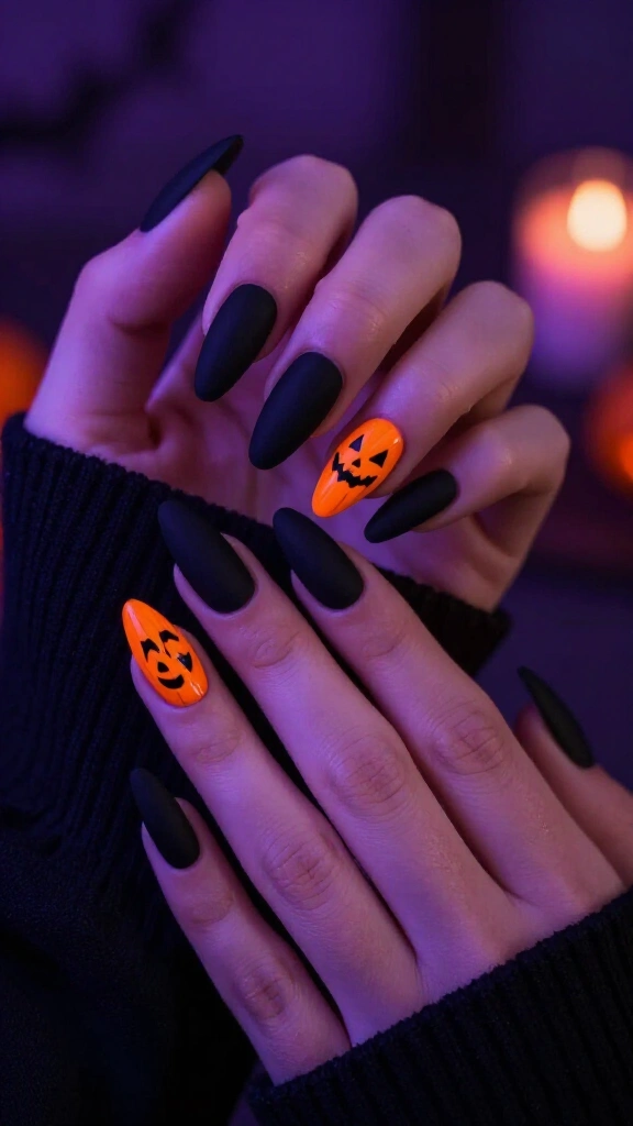 Coffin-Shaped Matte Black with Neon Pumpkin Faces