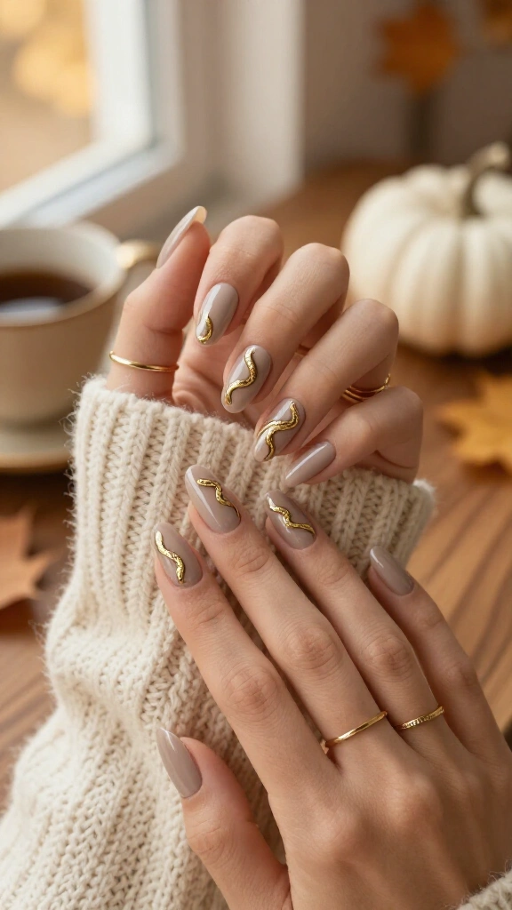 Gilded Snake Nail Decals on Milky Taupe
