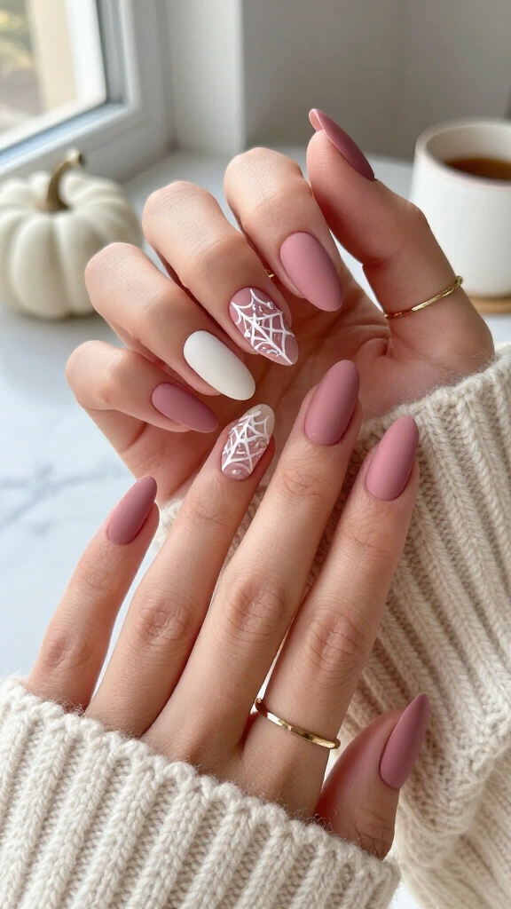 Matte Dusty Rose Coffin Nails with Cobwebs