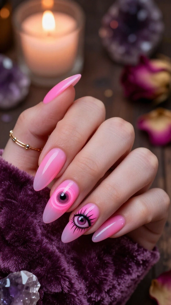 Pink Aura Nails with Spooky Center Eyes