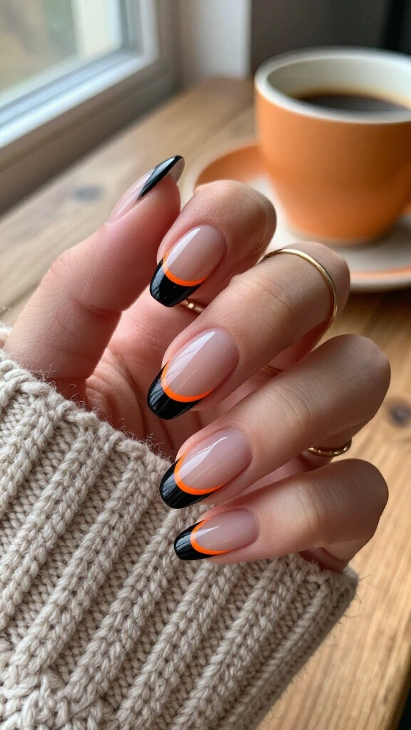 Glossy Black French with Neon Orange Smile Lines