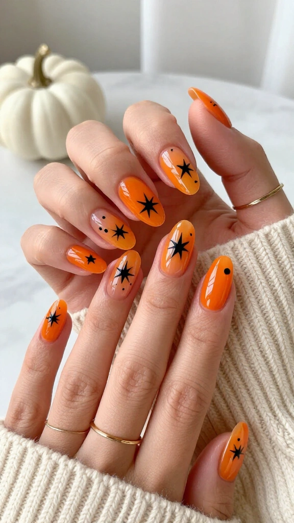 Sheer Tangerine Jelly Nails with Black Starbursts