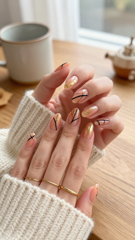 Abstract Black Micro-Lines on Creamsicle Shimmer