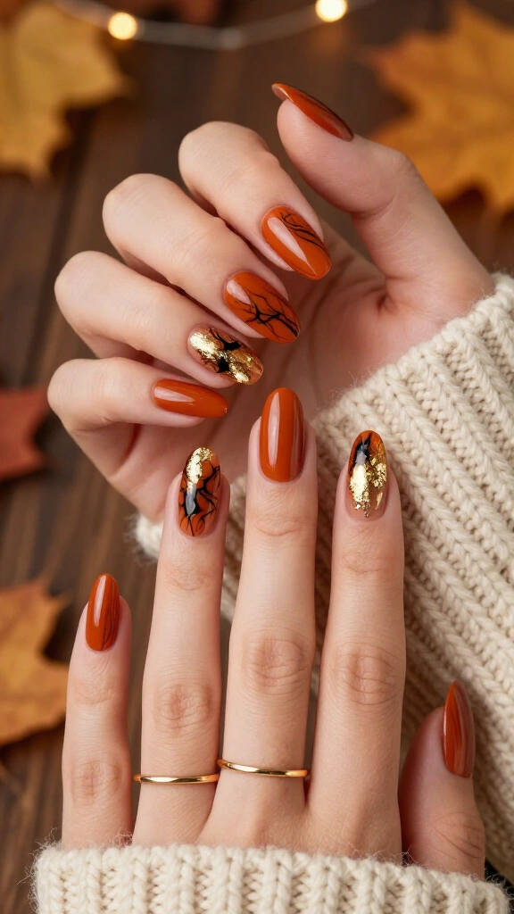 Gold Leaf & Marbled Smoke over Burnt Orange