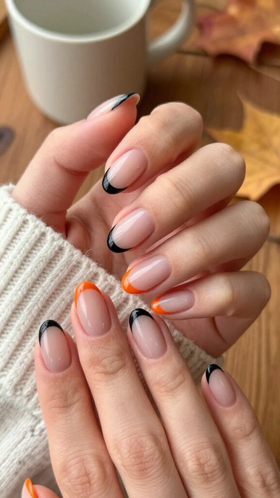 Double Micro-French with Obsidian Tips and Tangerine Moons