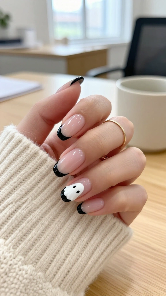 Midnight Black Micro French Tips with Ghost Accents