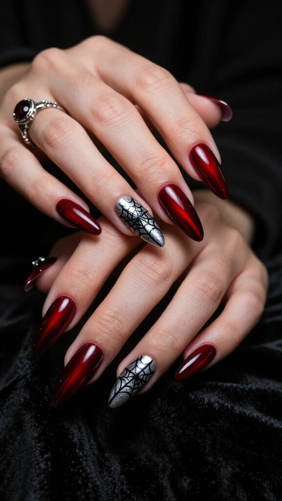 Glossy Crimson & Spiderweb Accent Nails