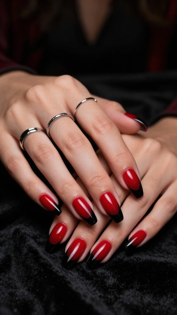 Crimson Ombré with Black French Tips