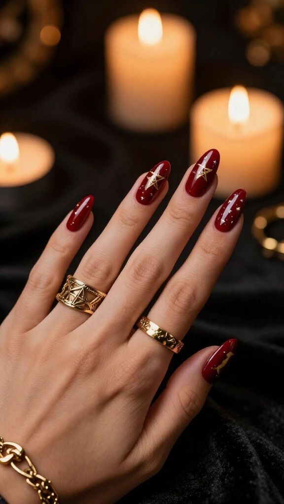 Crimson Coffin Nails with Gold Pentagram Accents