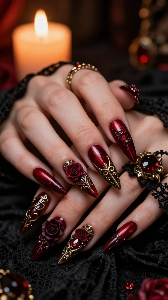 Gothic Rose & Crimson Baroque Nails
