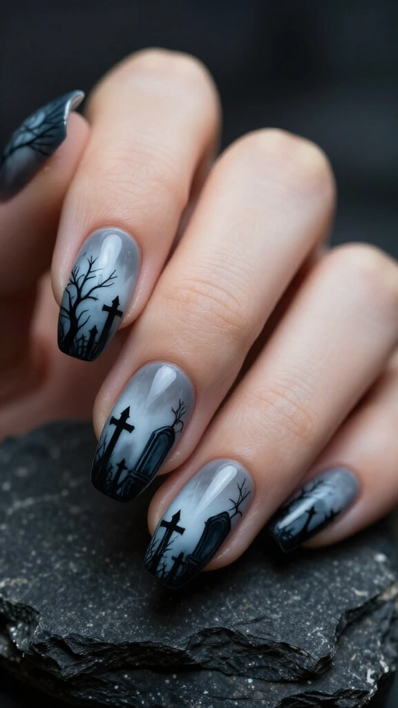 Slate Blue Foggy Graveyard Silhouettes