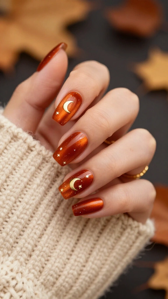 Rust Velvet Cat-Eye with Celestial Gold Charms