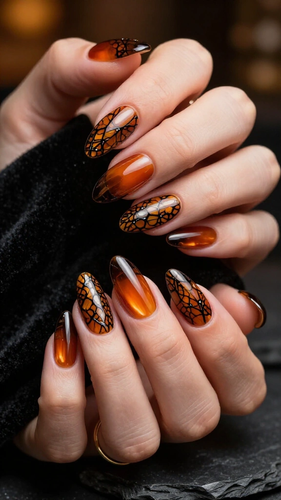 Amber Glass Nails with Embedded Black Lace Film