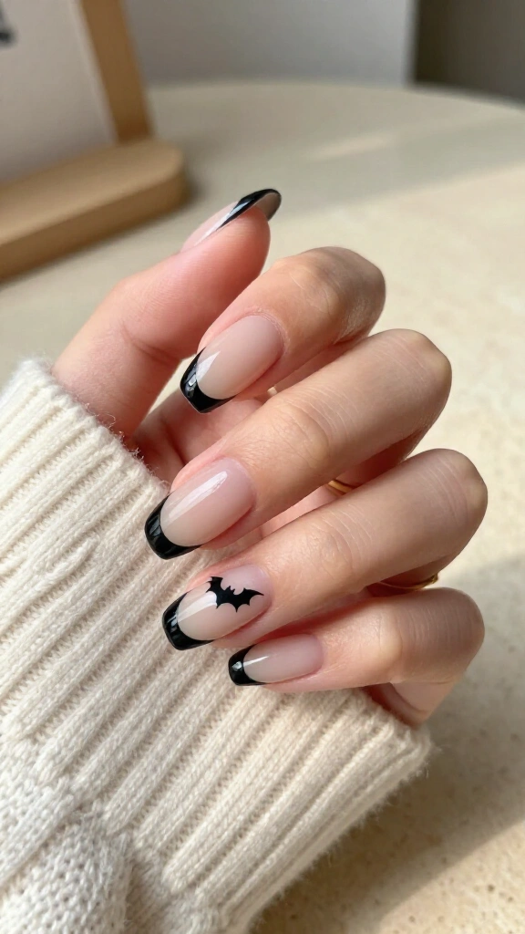 Micro black French tips with tiny bats