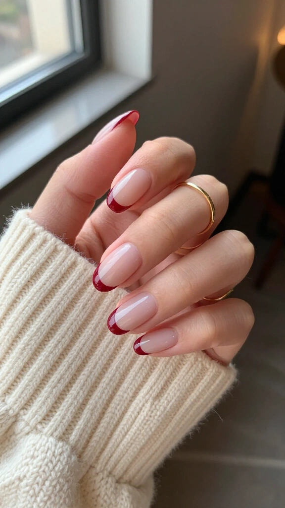 Clean nude with blood-red micro French edges