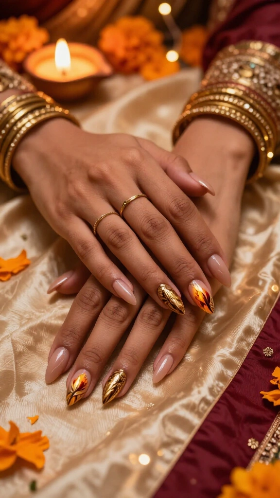 Classic Diya Motifs on Sheer Nude
