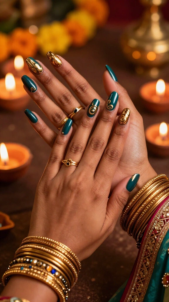Teal & Antique Gold Chrome Swirls