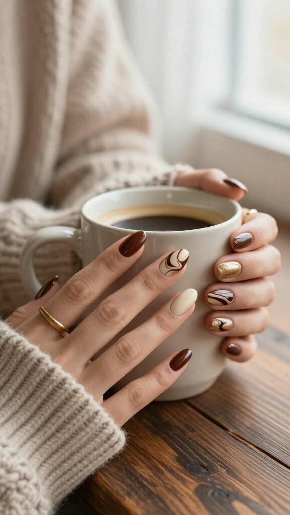 Rich Espresso Latte Swirl Nails