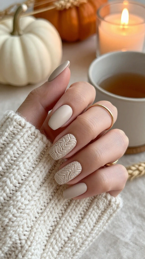 Neutral Sweater-Knit Embossed Nails