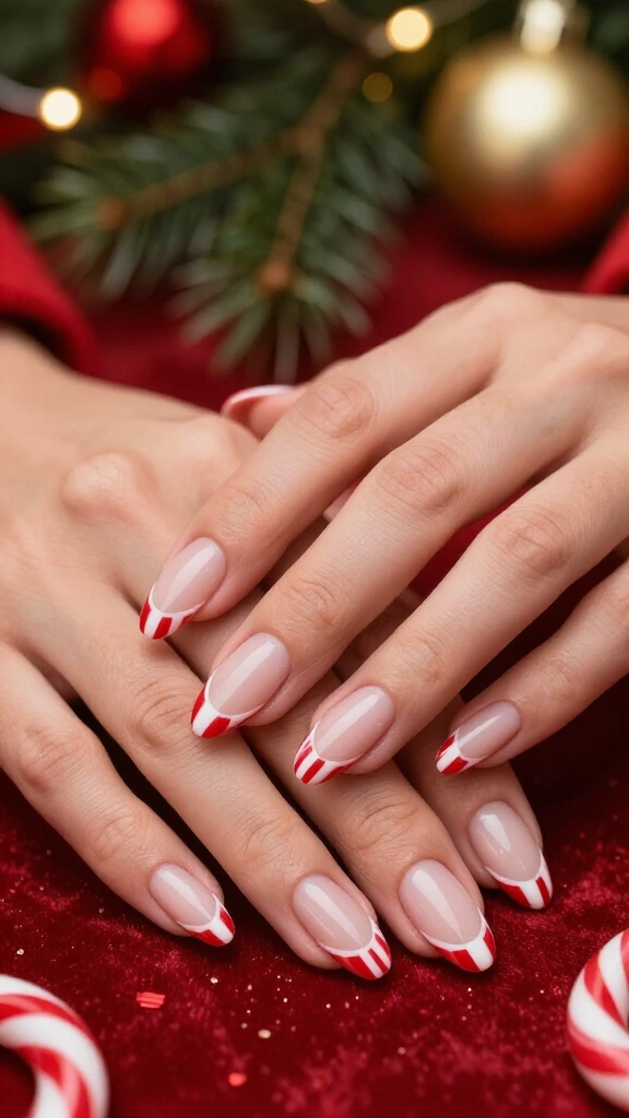 Glossy Candy Cane French Tips