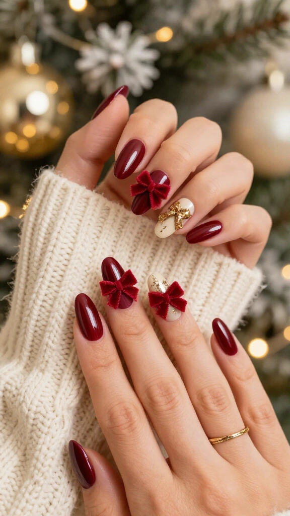 Red velvet bow nails