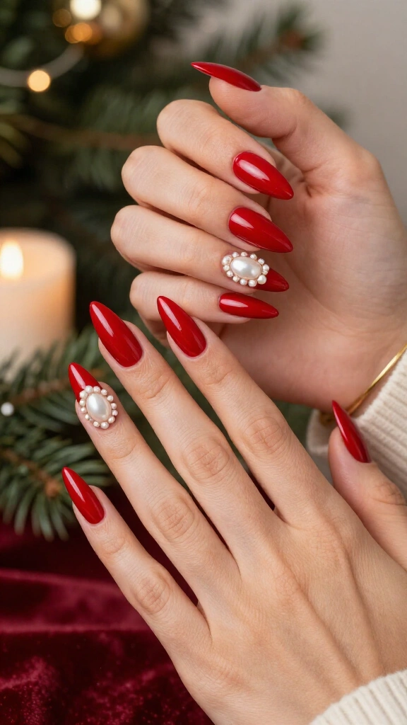 Scarlet Stilettos with Dainty Pearls