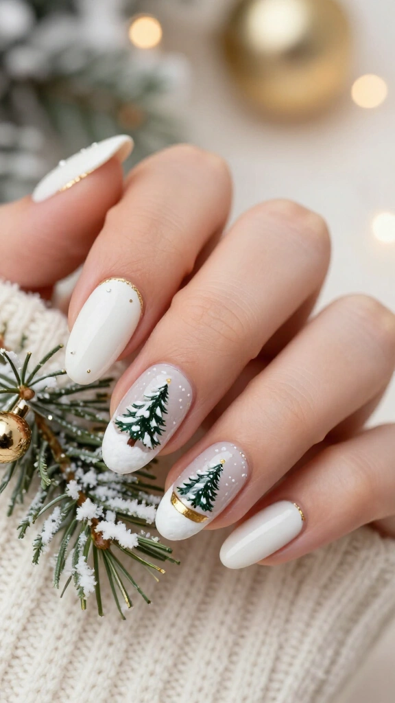 White and gold snow globe nails