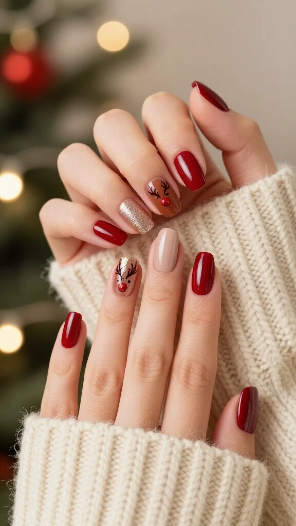 Tiny reindeer accent nails