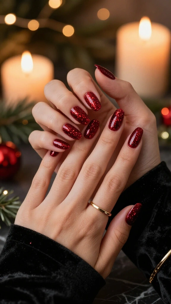 Classic red glitter Christmas nails
