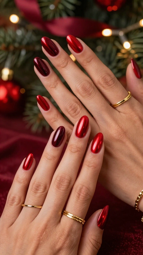 Chrome red Christmas nails