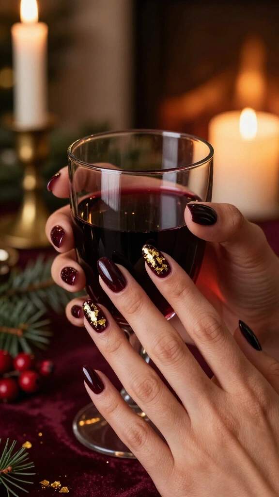 Deep plum wine with golden flakes