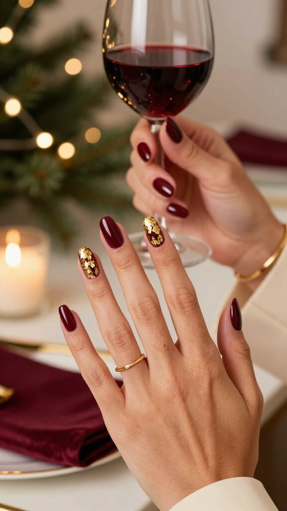 Burgundy and gold foil nails