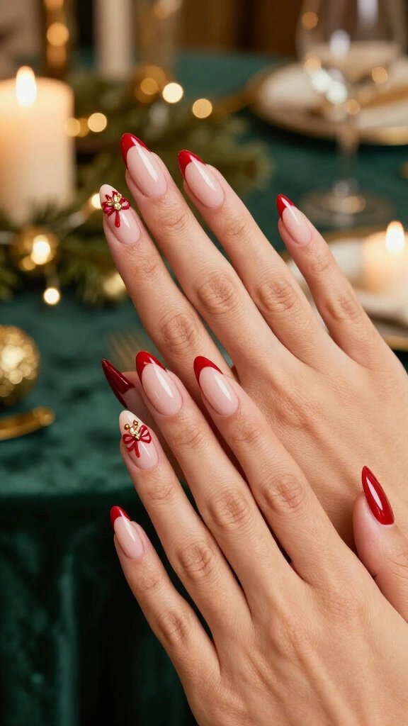 Red French tips with tiny bows